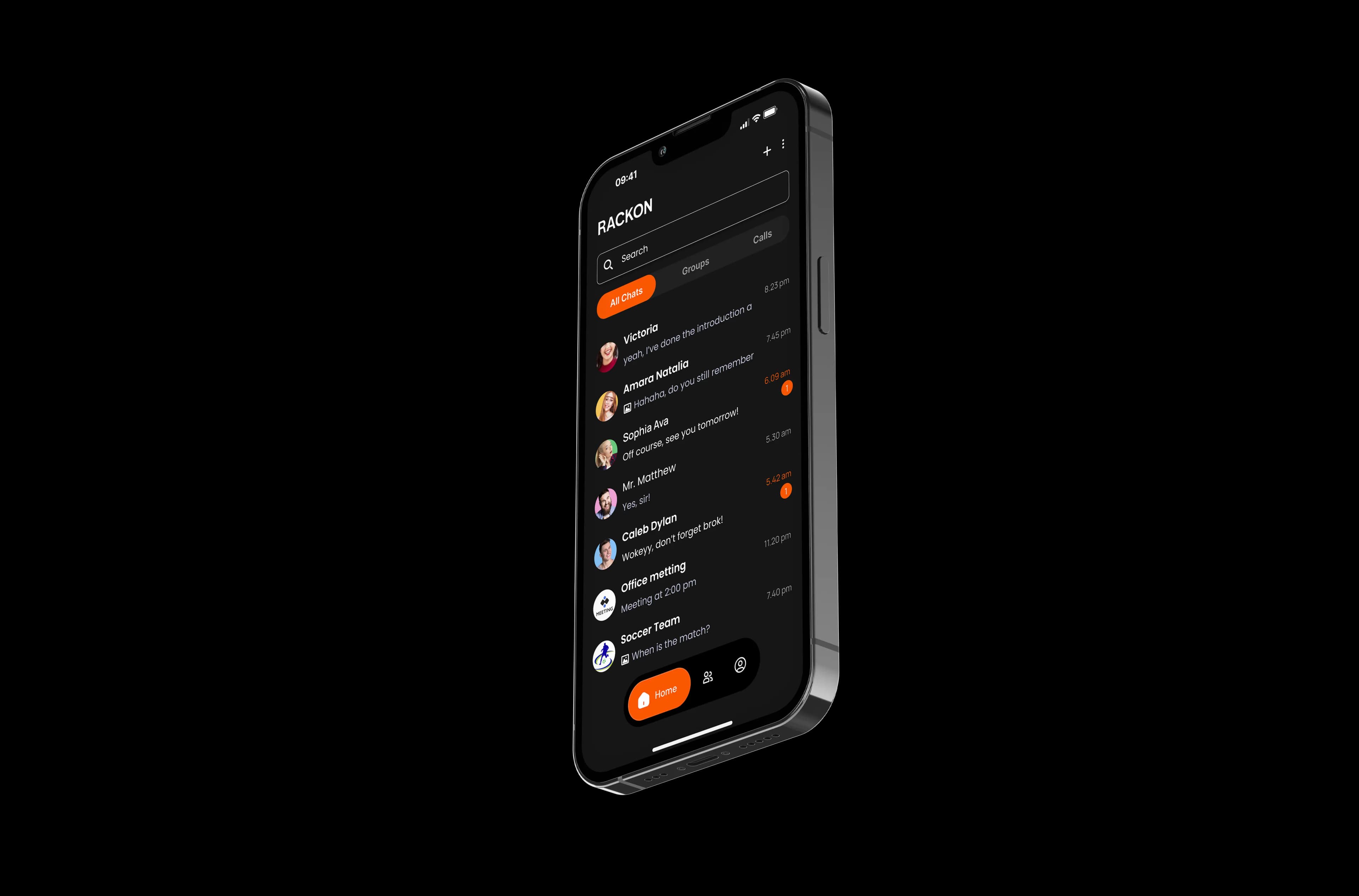 Rackon encrypted chat app running on iPhone  private messaging interface