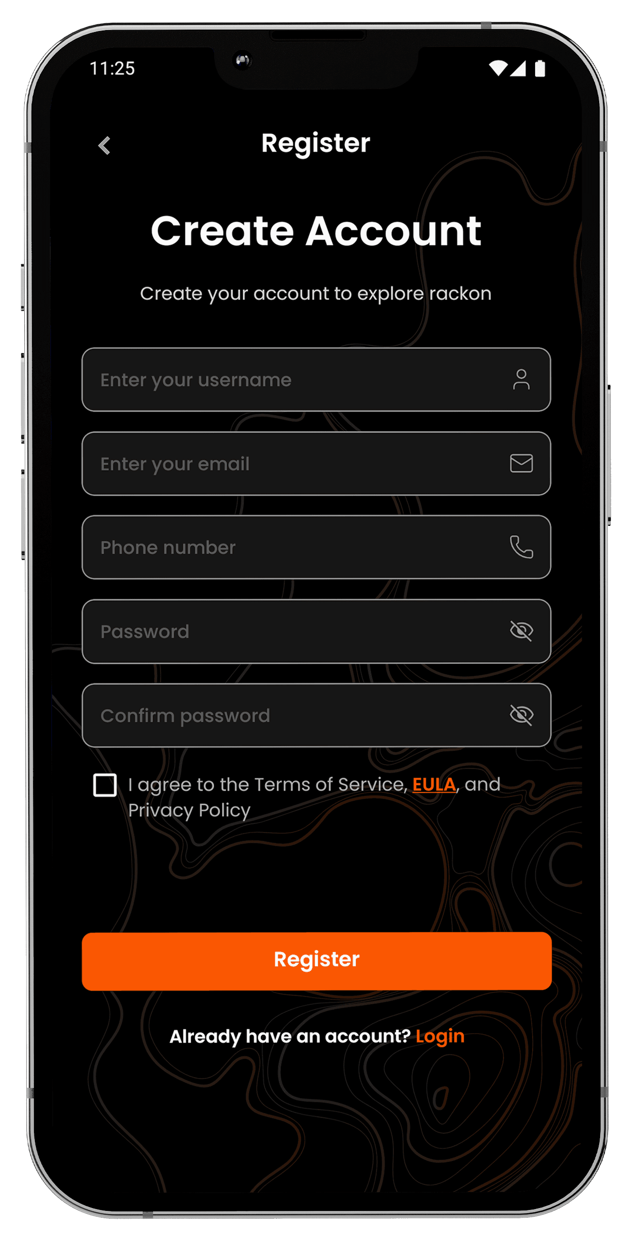 Rackon signup screen create a private messaging account in seconds